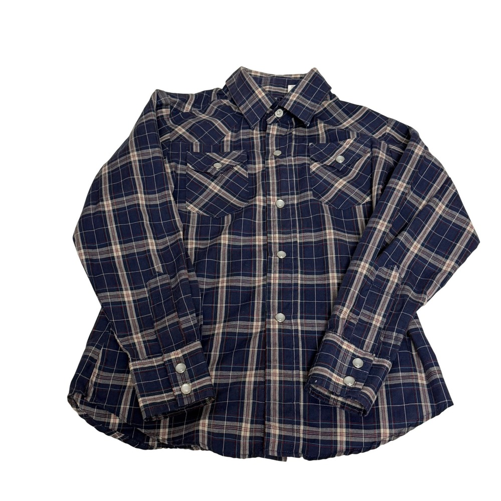 Ely Cattleman Boys Navy Blue‎ Plaid Western Pearl Snap Shirt Size 7 Long Sleeve